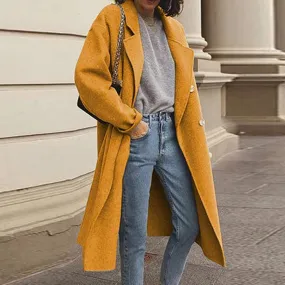 Women long double breasted tweed solid color duster coat