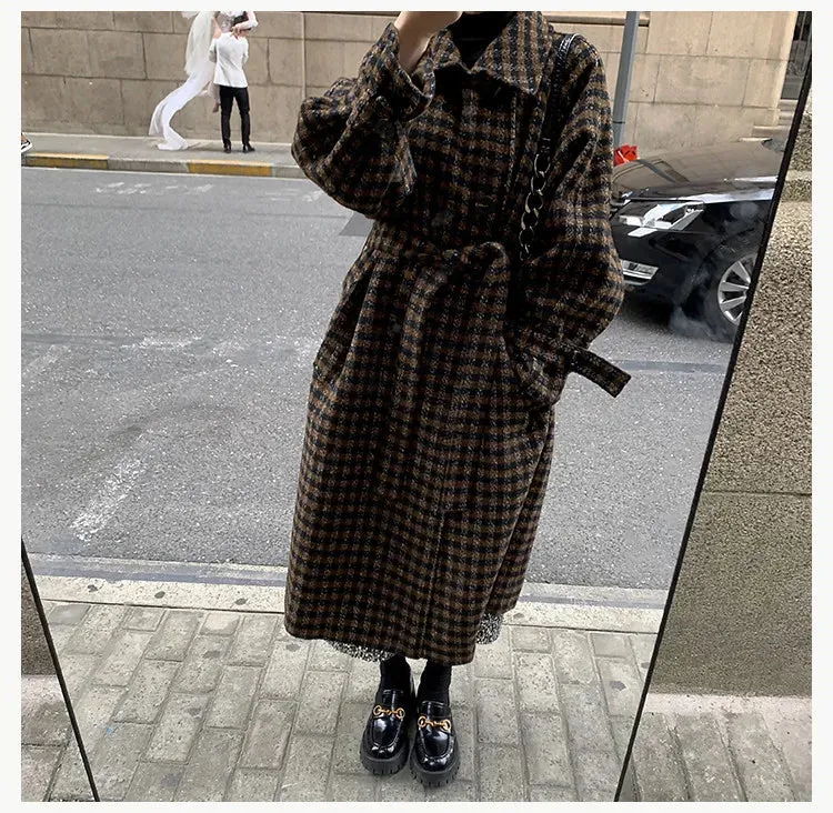 Women's Plaid Long Woolen Trench Coat Jacket