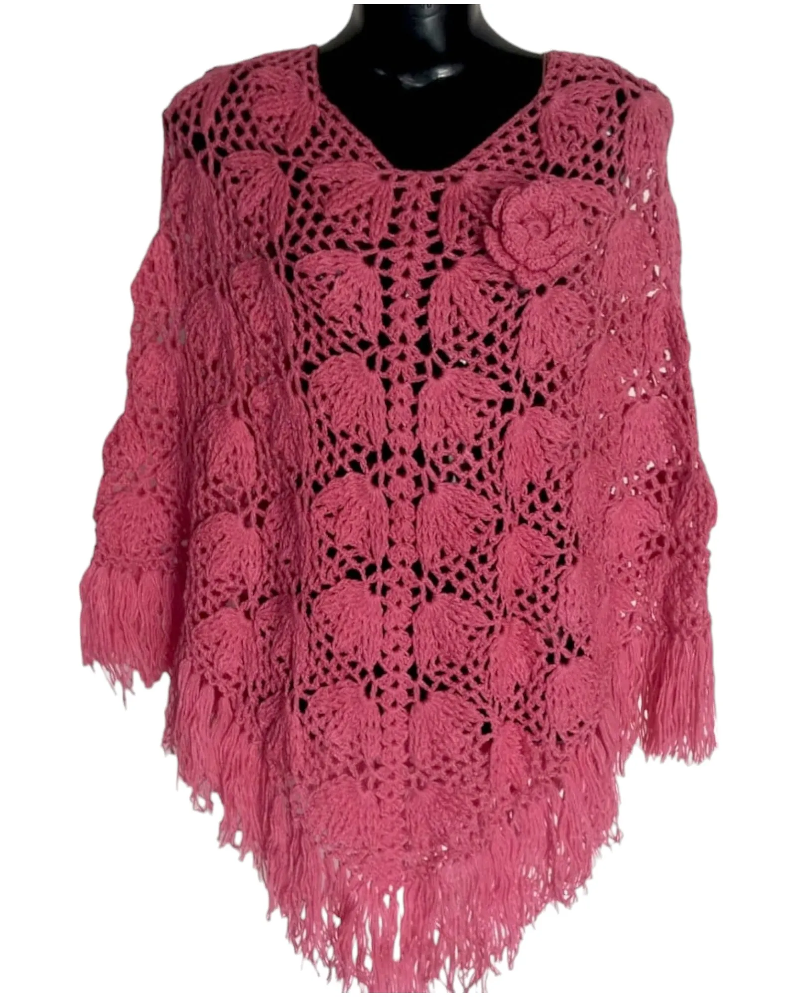 Woolen Graminarts Crochet Poncho For Women/Girls Free Size - Rose Pink